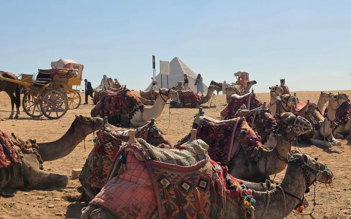 The three pyramids of Giza seen from the desert panorama point