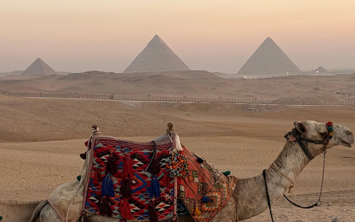 The Giza pyramids at sunrise with the desert in front of them